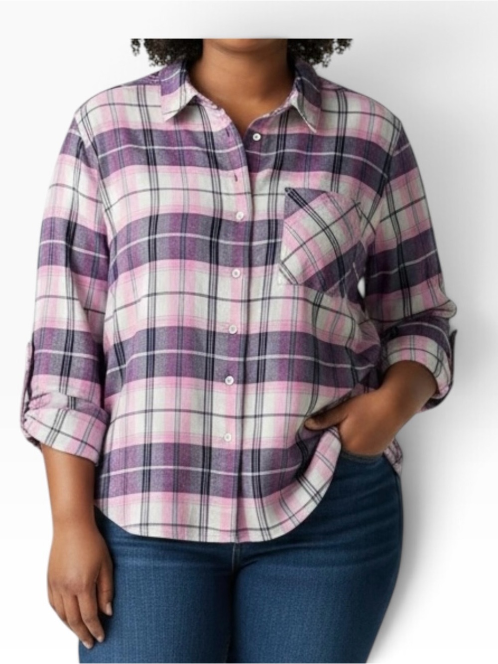 NWT LANE BRYANT pink and purple plaid long-sleeve button-up shirt Size 18/20